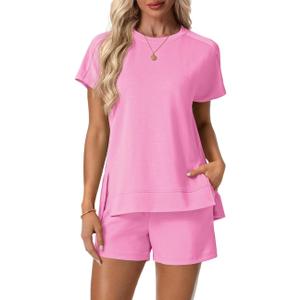 Lepunuo 2 Piece Short Sets for Women Summer Outfits Short Sleeve Tops Elastic Waist Shorts Lounge Set Vacation Travel Outfits (XX-Large, A- Hot Pink)