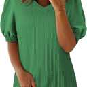 SHEWIN Women's Summer Tops V Neck Casual Puff Short Sleeve Textured T Shirts Blouses (Green, S)