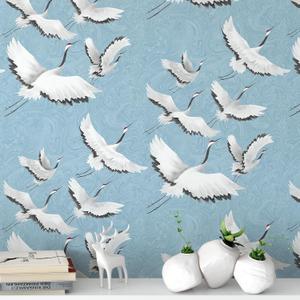 Peel and Stick Wallpaper for Home Decoration Kitchen White Crane Blue Wallpaper Removable Vinyl Self Adhesive Shelf Paper & Drawer Liner Roll House, Workshop & Office 17.3" x 394" TH8096-10