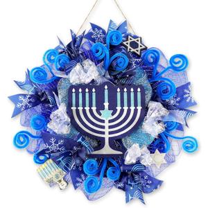 Hoteam Hanukkah Wreath for Front Door Happy Hanukkah Front Door Sign 13 Inch Blue Rustic Chanukah Welcome Decoration for Indoor Outdoor Home Porch Hanging Decoration