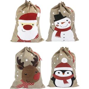 Hooin Christmas Sacks (13.8''x19.7'' Medium Size)  Pack of 4 Drawstring Burlap Goody Gift Bags for Christmas Treats. 4 Designs Santa Snowman Reindeer Penguin