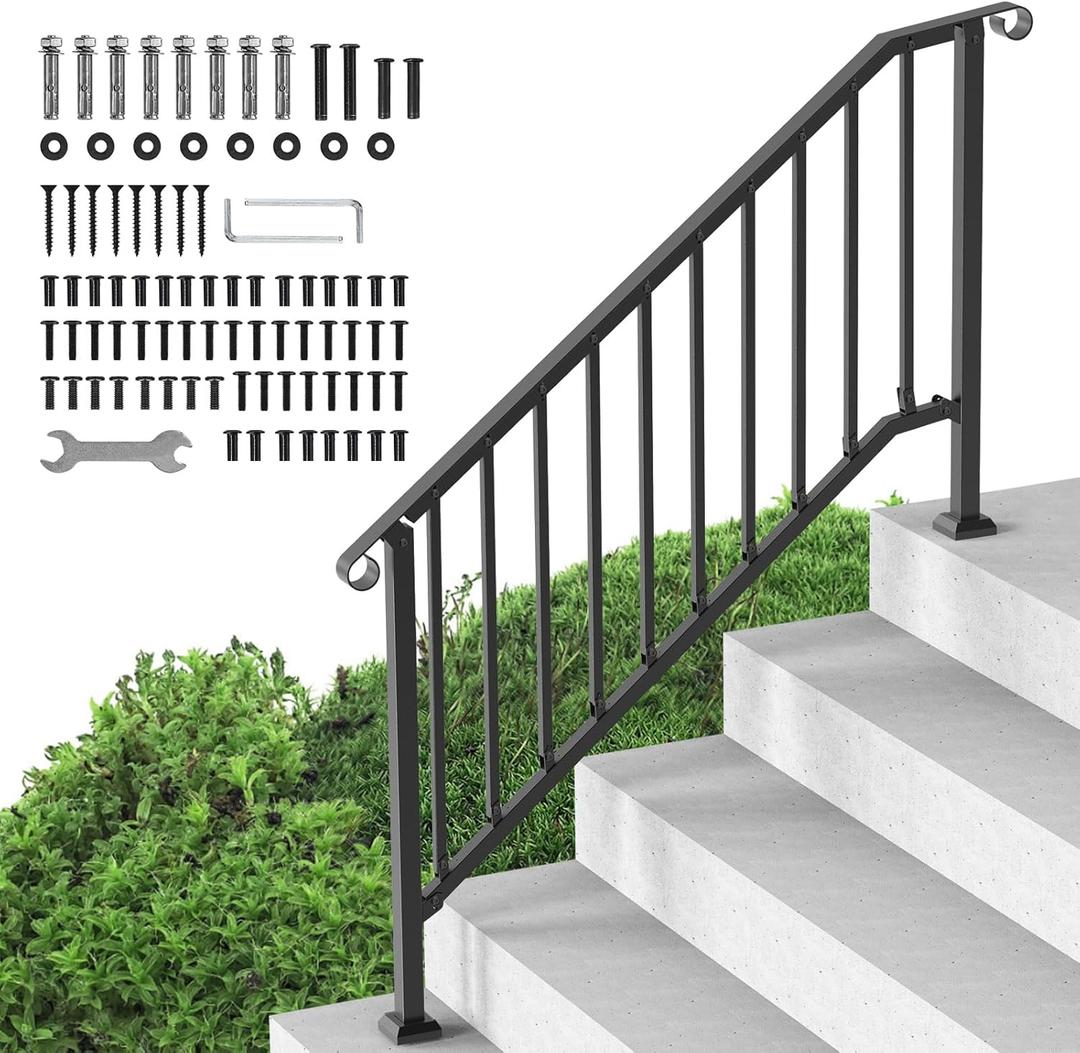 VEVOR Handrails for Outdoor Steps, 5 Step Stair Hand Rail Kit, Transitional Carbon Steel Railings with Installation Kit, Stair Rails for Seniors, Concrete Steps & Porch & Deck, Black Retro Arch