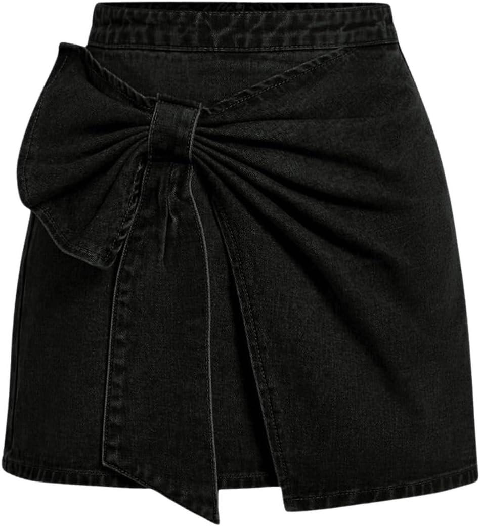 Floerns Women's Plus Size High Waist Denim Skirt Wrap Front Bow Bodycon Mini Skirt (XX-Large Plus, Black)