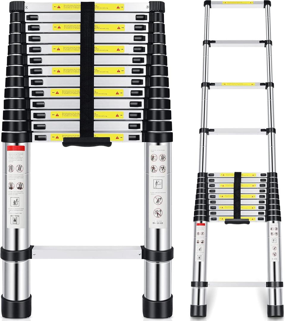 Telescoping Ladder,16.5 FT Aluminum Extension Ladder with 2 Replacement of Non-Slip Rubber Cover, 330 lbs Max Capacity, Multi-Purpose Collapsible Ladder for RV or Outdoor Work