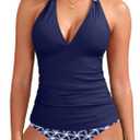 Yonique Womens Two Piece Swimsuits Tummy Control Tankini Plus Size Bathing Suit Halter V Neck Swimwear (Medium, Blue Geometric)