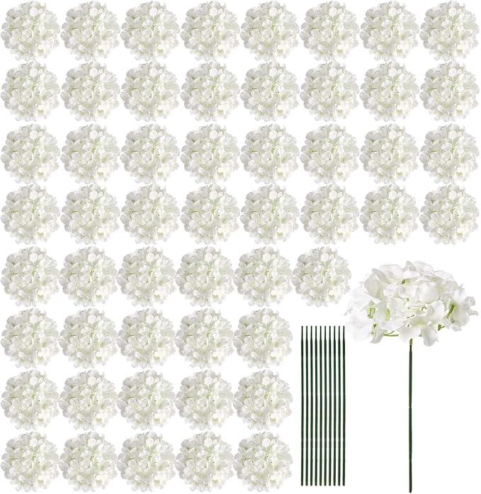 Auihiay 64 PCS Artificial Hydrangea Flowers, Silk Hydrangea Full Flowers Heads with Stems for Wedding Centerpieces, Home, Garden, Baby Shower, Party Decoration (Ivory)