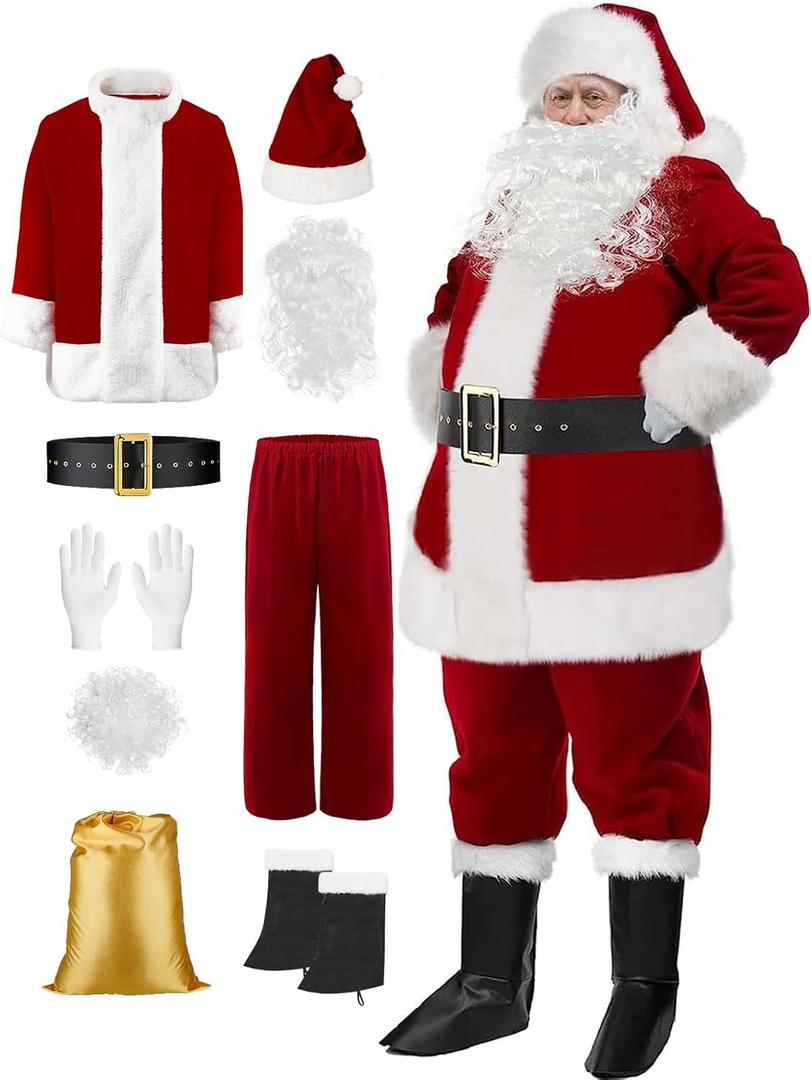 SOMOYA Santa Claus Costume for Men Christmas Santa Suit Deluxe Santa Outfit Plush Velvet 9 Pcs (X-Large, Burgundy)