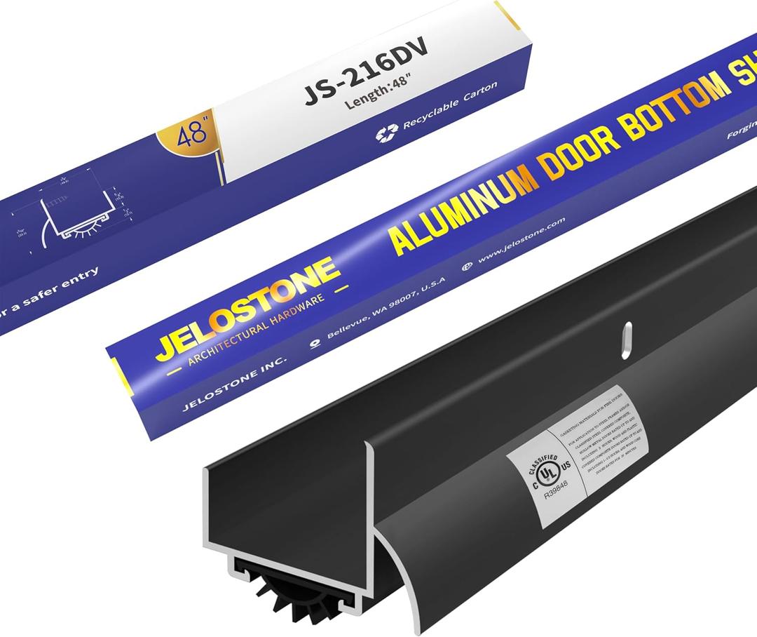 U-Shaped Aluminum Door Bottom Shoes with Drip Cap(Matte Black) 1-3/4"W x 1-5/16"H x 48" L - Fire Rated - Weather Stripping Seal for Exterior Doors, Vinyl Insert, JS-216DV