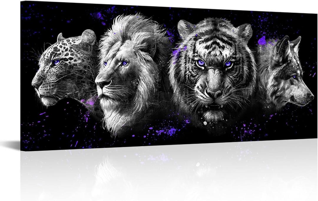 Kalormore Black and White Animal Wall Art Leopard Wolf Lion Tiger Head with Purple Eyes Paintings Canvas Wildlife Artwork Framed Modern Home Office Decor