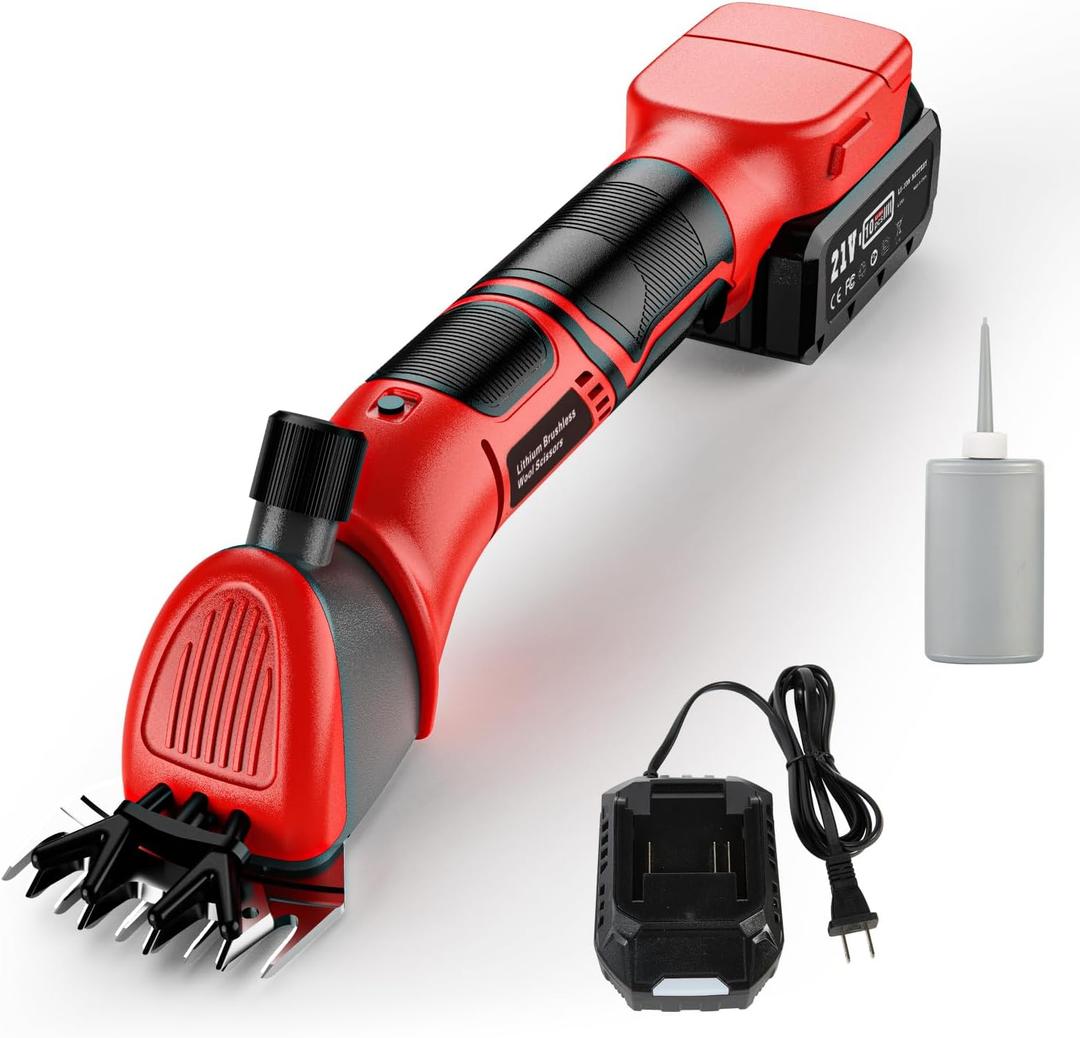 Sheep Shears, 20V Horse Clippers Cordless, with 4.0Ah Batteries Brushless Clippers, Heavy Duty Electric Shears, Horse Grooming Kit for Thick Coat Red