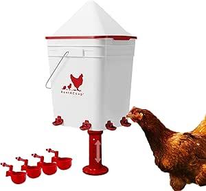5 Gallon Chicken Waterer - 4 Horizontal Side Mount Poultry Nipples - for Up to 30 Chickens - Coop Feeder