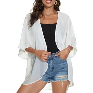 Women's Floral Print Puff Sleeve Kimono Cardigan Loose Cover Up Casual Blouse Tops (White,Small)