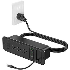Recessed Power Strip with Retractable USB C Cable,2 PD 20W USB C,Flush Mount Countertop Drawer Outlet, Furniture Hidden Outlet for Side Table,End Table,3 Outlets (Black, 6FT-20W USB)