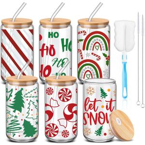 6 Pcs Christmas Glass Cups Gifts Bulk with Bamboo Lids and Straws 16 oz Candy Cane Snowflake Striped Iced Coffee Mugs Holiday Glass Tumblers Christmas Stuff for Women Men Coworker Family