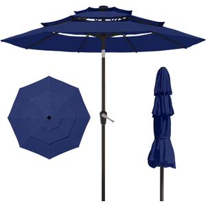 10FT Patio Umbrella 3 Tiers Outdoor Market Umbrella w/Push Button Tilt, Crank, UV and Waterproof Table Umbrella for Garden, Pool, Backyard, Deck, Lawn, Navy Blue