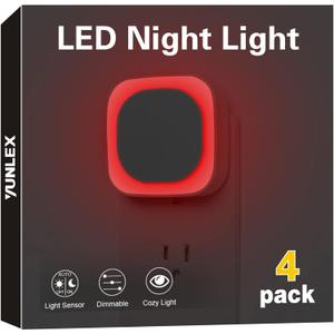 4 Pack Plug in Dimmable Red Night Light, Auto Dusk to Dawn Sensor,Soft Glow, Diffused Light, LED Night Light for Kids, Adults, Bathroom, Hallway, Stairs, Kitchen, Bedroom, Garage, as Gifts
