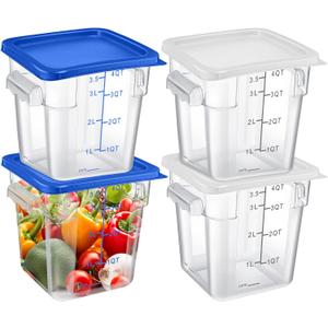 Maxcheck 4 Pcs 4Qt Food Storage Container with Lids Set Square Clear Commercial Containers with Scale and Handle Space Saving for Home Kitchen Restaurant Proof Dough Marinating Meat (White, Blue)