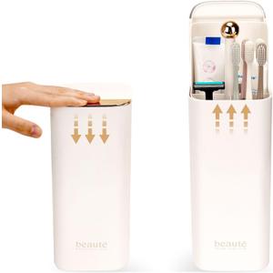 Liftable Toothbrush Holder with Cover, Lifting 4 Slots Bathroom Organizer Countertop, Toothpaste Holder Bathroom Counter Stand Sink Organizer Caddy for Vanity Makeup Brushes Holder