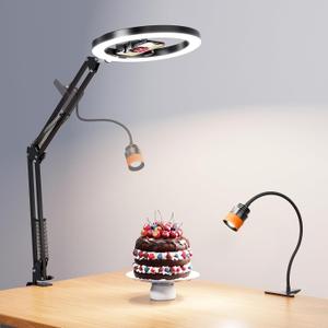 Ring Light with Stand Overhead Phone Mount for Desk & Zoomable Spotlight, 2-in-1 Lighting Kit with Ring Light Tripod for iPhone, 30+ Lighting Modes, Ideal for Video Recording,Cooking,Content Creation