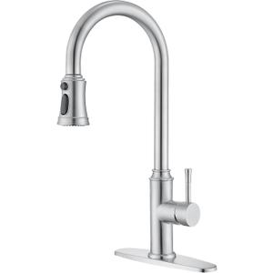 Kitchen Faucet with Pull Down Sprayer, Brushed Nickel Sink Faucet with Deck Plate,Single Handle High Arc Kitchen Sink Pull Out Kitchen Faucets,Stainless Steel Kitchen Faucet 360 Rotatable