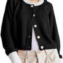 Girls Cardigan Sweater Kids Color Block School Uniforms Button Down Long Sleeve Knit Tops Tweens Winter Clothes (Black)