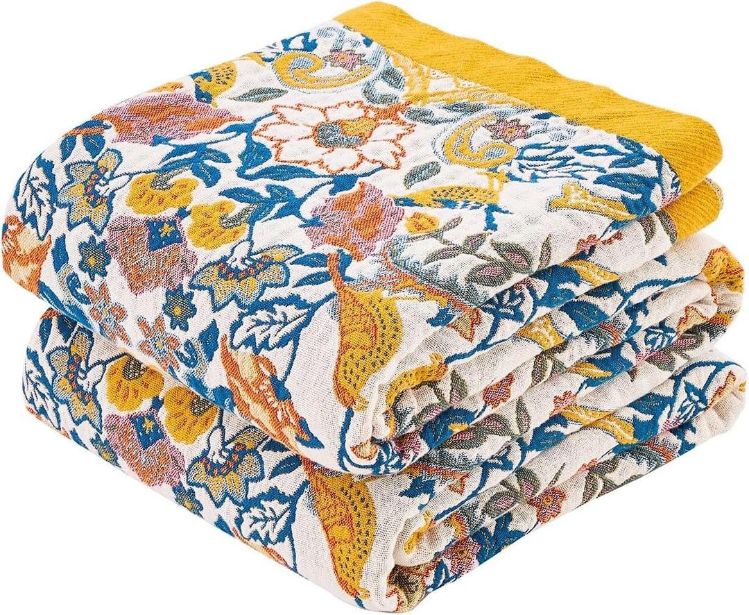 XIBLC Boho Blanket Throw Quilt, 100% Cotton Soft Light Weight Throw Blankets for Summer, 60"x80" Farmhouse Flower Decorative Blankets, All Season Rustic Reversible Bohemian Throw Quilt