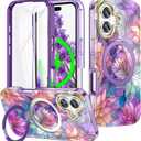 for iPhone 17 Case Built-in Screen Protector,Cute Flower Case with Magnetic Invisible Stand [Compatible with MagSafe] Military Full Body Shockproof Cover for Women/Girls-Lotus