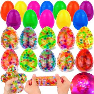 FLYSNK 12 Pack Plastic Easter Eggs Filled with Light Up Fidget Stress Balls, Glow in The Dark Egg Shape Squeeze Balls Sensory Toys Party Favors for Kids Teens Easter Egg Hunt Basket Stuffers Fillers