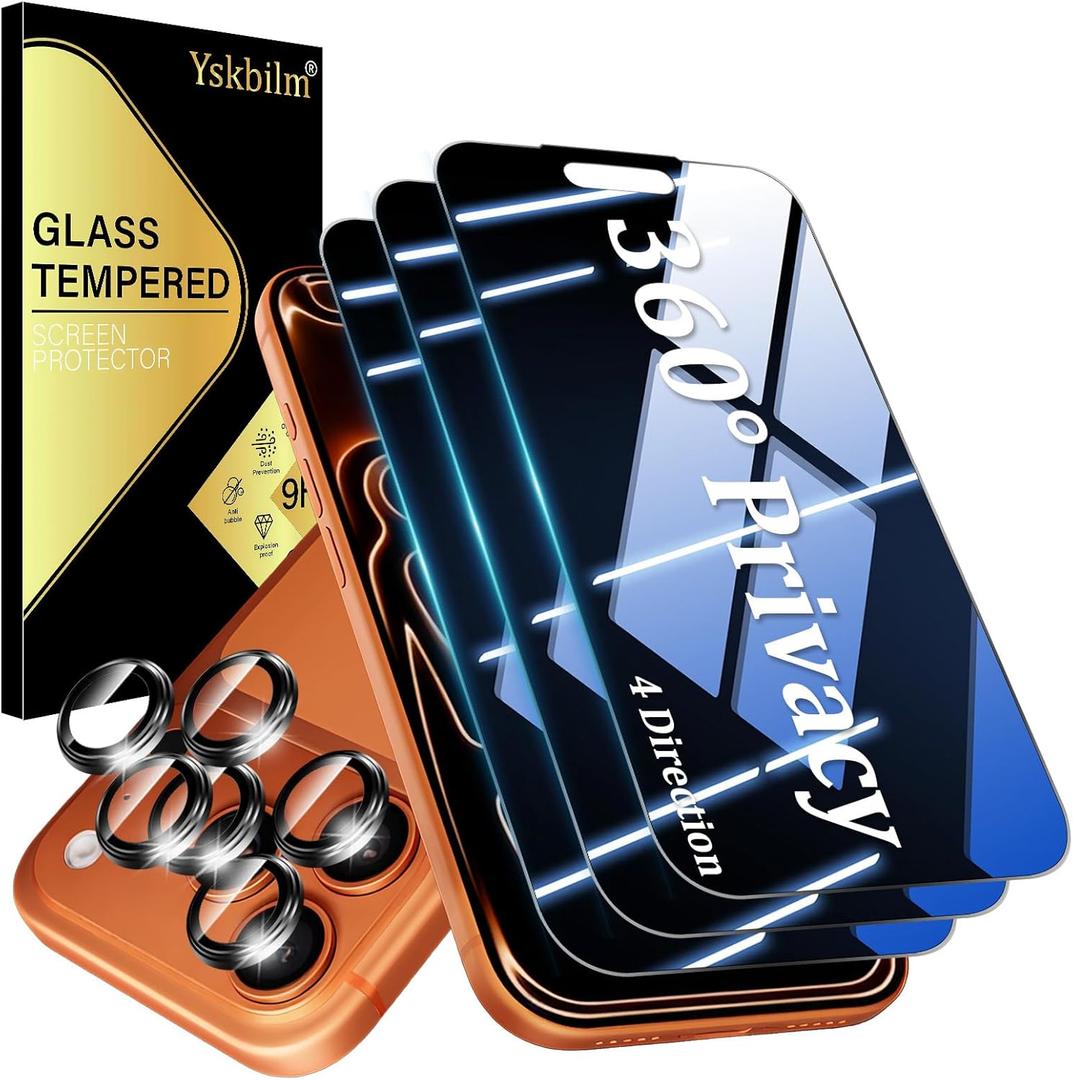 (3+2 Pack) 360 Privacy Screen Protector for iPhone 17 Pro Max 4 Way Anti Spy + Camera Lens Protector,9H Shatterproof, Anti-Peep,Bubble-Free, Case Friendly Easy Installation Frame Included (Black)