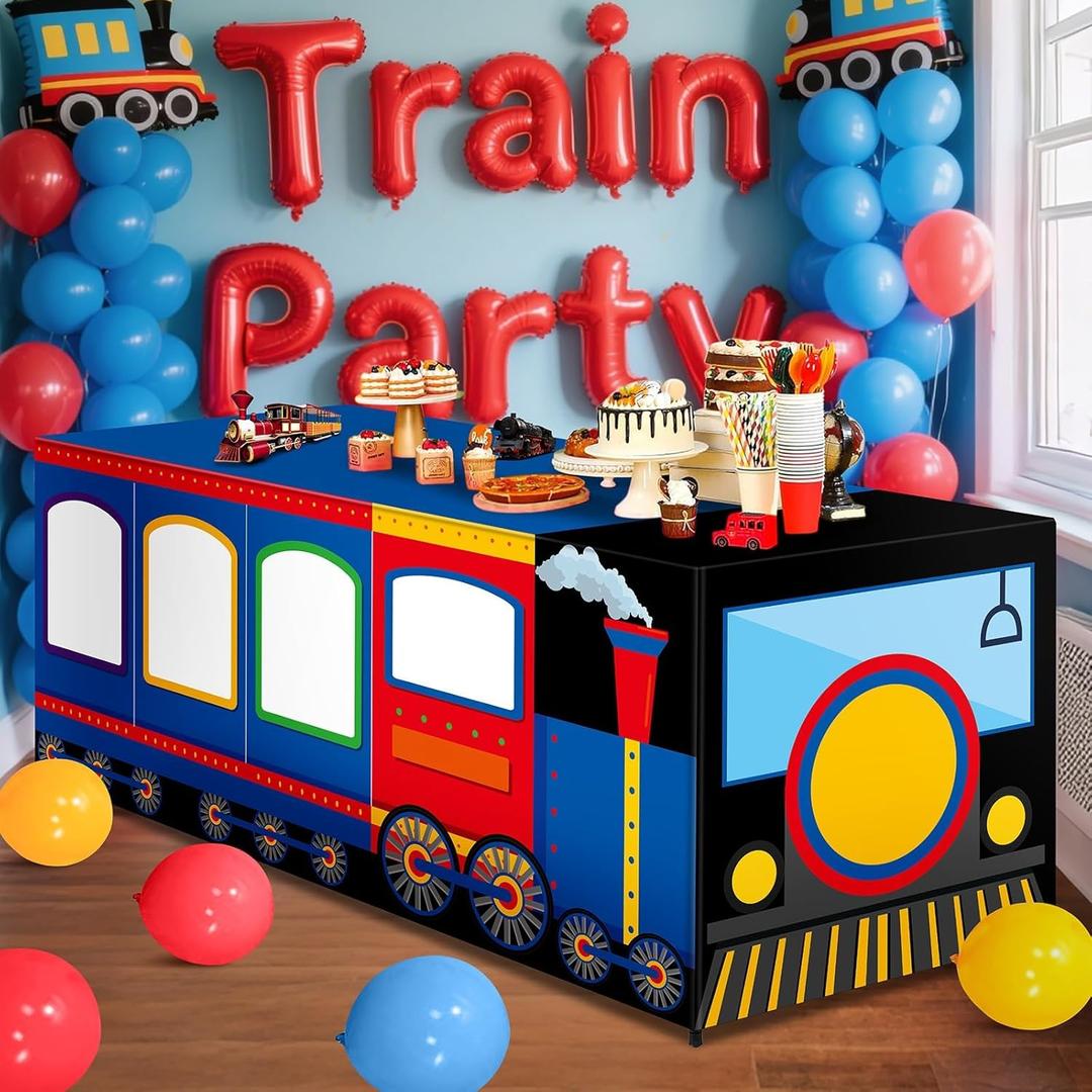 6 Ft Train Tablecloths Birthday Party Decorations Railroad Table Cover Washable Fabric Polyester Supplies Vehicles Rectangle Table Covers Protector for Transportation Birthday Party Decorations