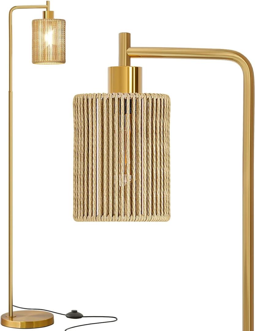 Oneach 66" Gold Floor Lamp for Living Room, Boho Floor Lamp with LED Bulb, Foot Switch, Rattan Shade, Industrial Tall Farmhouse Standing Lamp for Bedroom, Dining Room, Study Room, Office