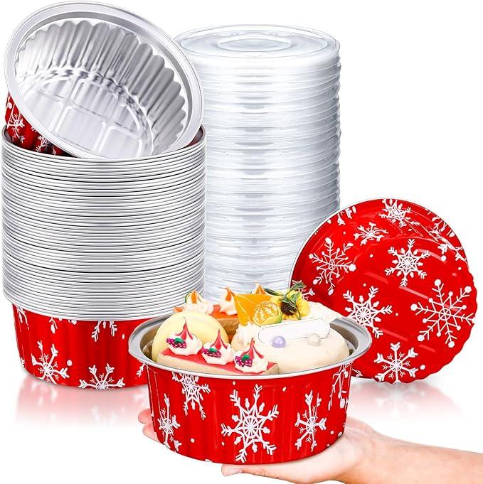 Ziliny 50 Pcs 1 Lb Christmas Bread Loaf Pans with Lids Snowflake Aluminum Loaf Pans Xmas 580ml Mini Round Disposable Baking Cupcake Tin Christmas Containers for Food Packing Gifts