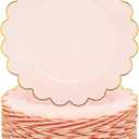 Sparkle and Bash 50 Pack Pink and Gold Plastic Plates, 9 Inch Scalloped Plates with Gold Rim for Birthday Party, & Baby Shower