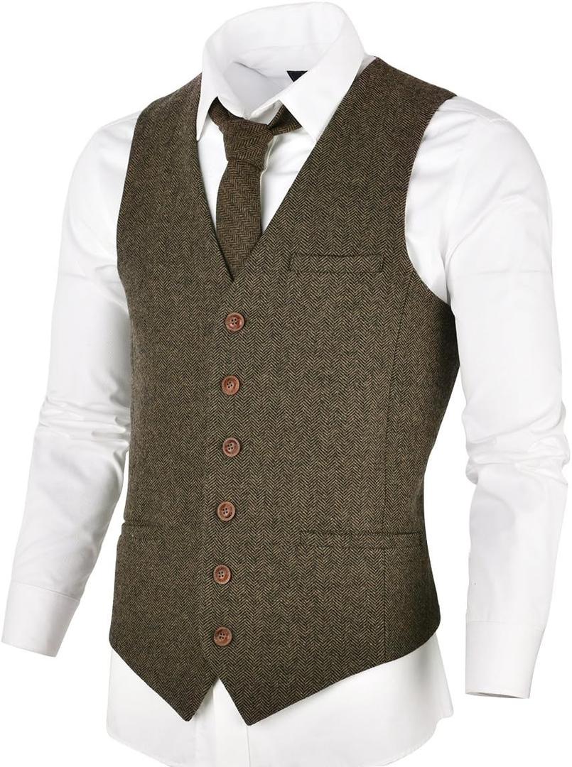 VOBOOM Men's Slim Fit Herringbone Tweed Suits Vest Premium Wool Blend Waistcoat (XX-Large, Khaki)
