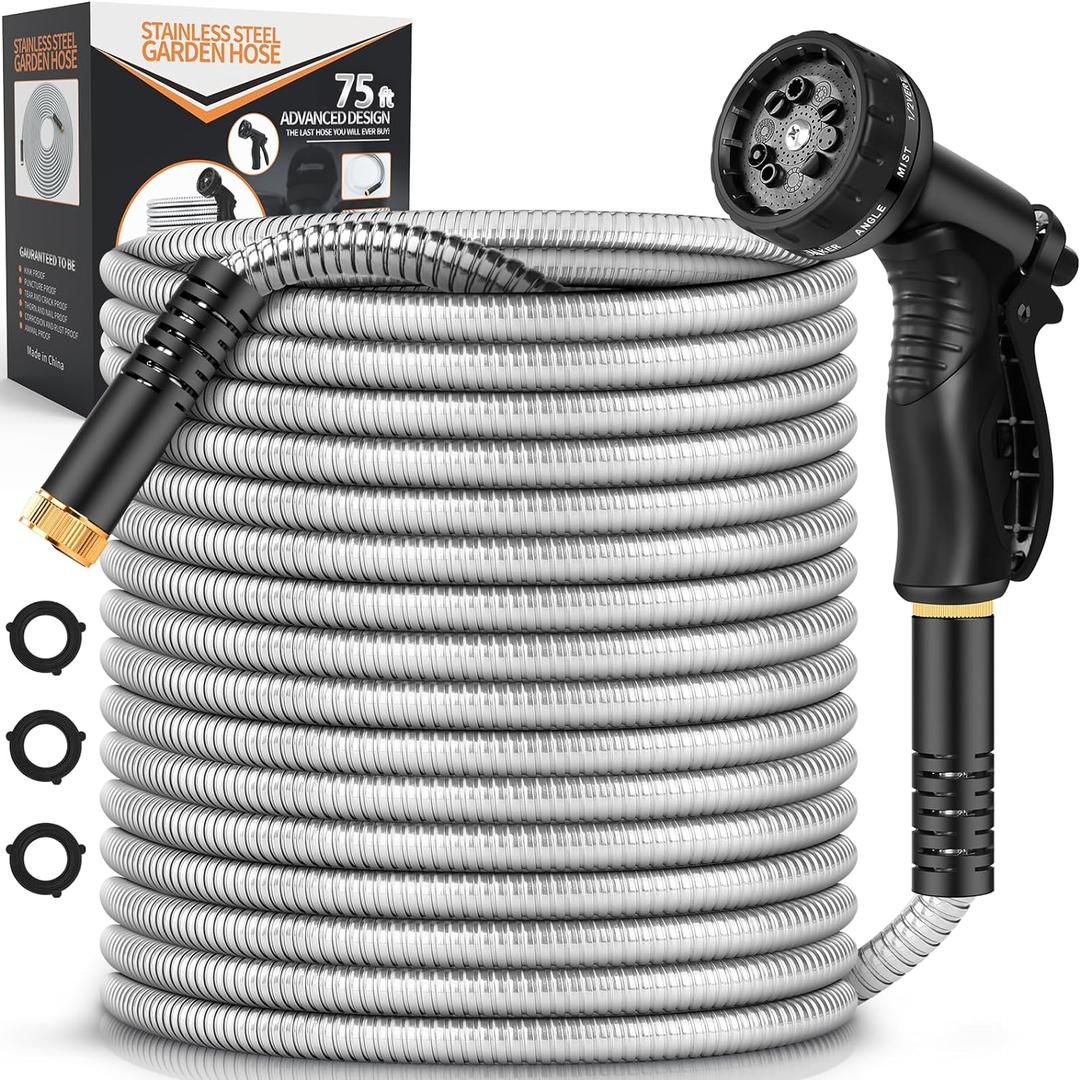 Garden Hose Metal 75FT, Stainless Steel Heavy Duty Water Hose With 10 Function Nozzle, No-Kink, Tough & Flexible, Sturdy and Lightweight, Rust Proof hose for Yard, Outdoor, RV