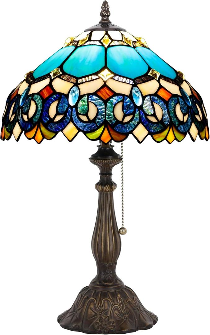 Tiffany Table Lamp Stained Glass Lamp 12X12X19 Inch Antique Reading Light (Blue Jewelry Baroque)