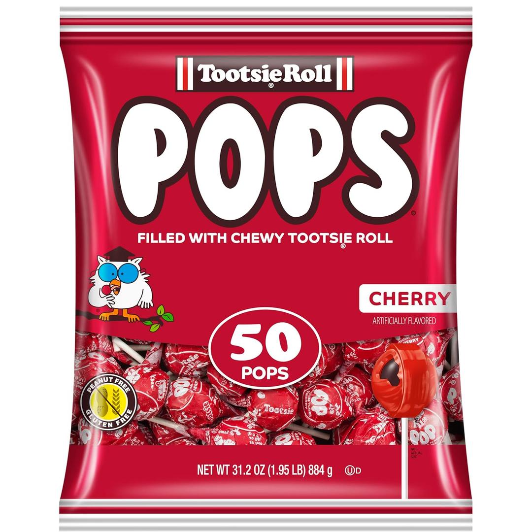 Tootsie Pops Single Flavor Bag - Cherry Flavored Lollipops with Chocolatey Center - Individually Wrapped Hard Candy - Red Candy - Peanut Free, Gluten Free, 50 Count (Pack of 1), 1.95lb