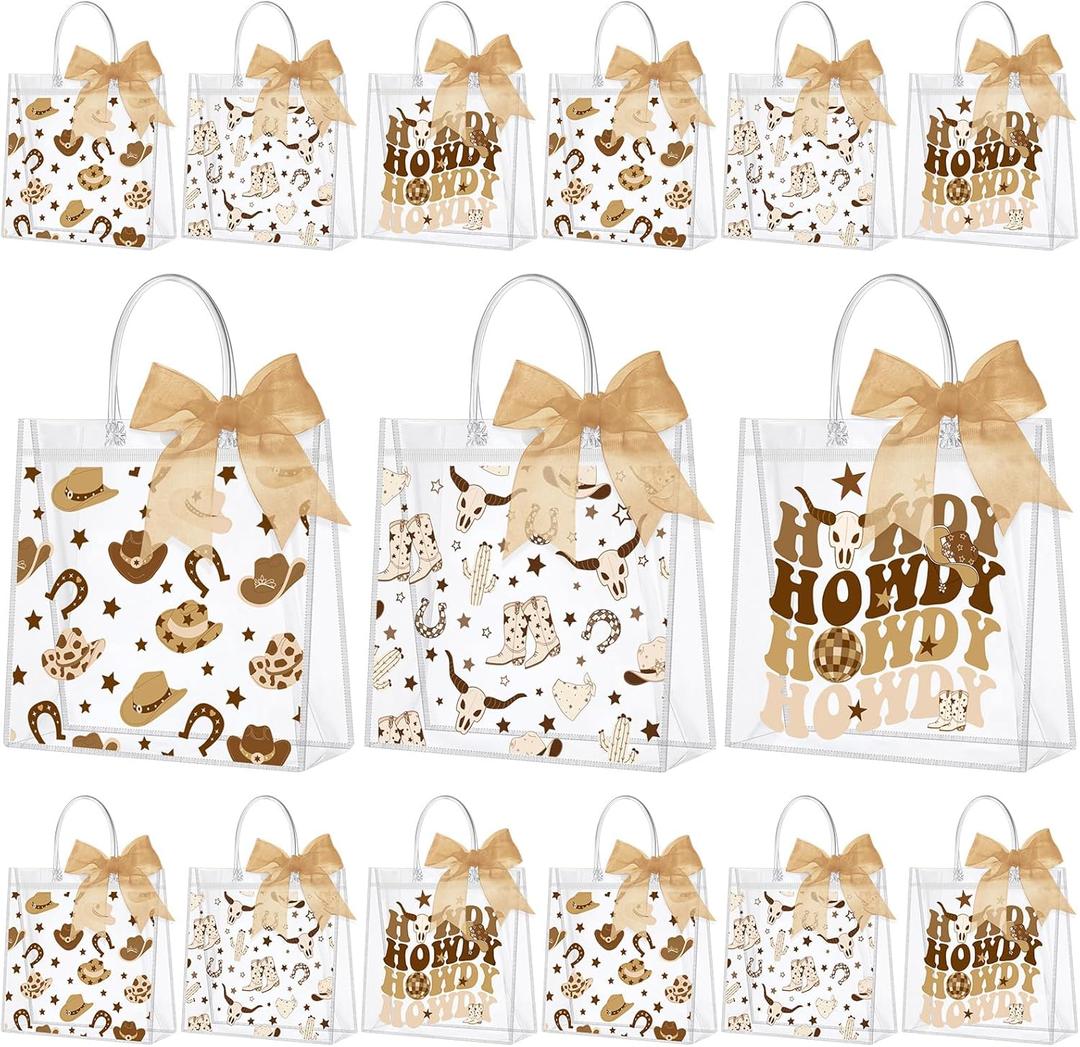 SilTriangle 30 Pcs Western Cowboy Clear Gift Bags Reusable Party Favor Goodie Treat Snack Bag Bulk with Handles Ribbon PVC Howdy Cowboy Boot Party Supplies for Birthday Bachelorette Baby Shower