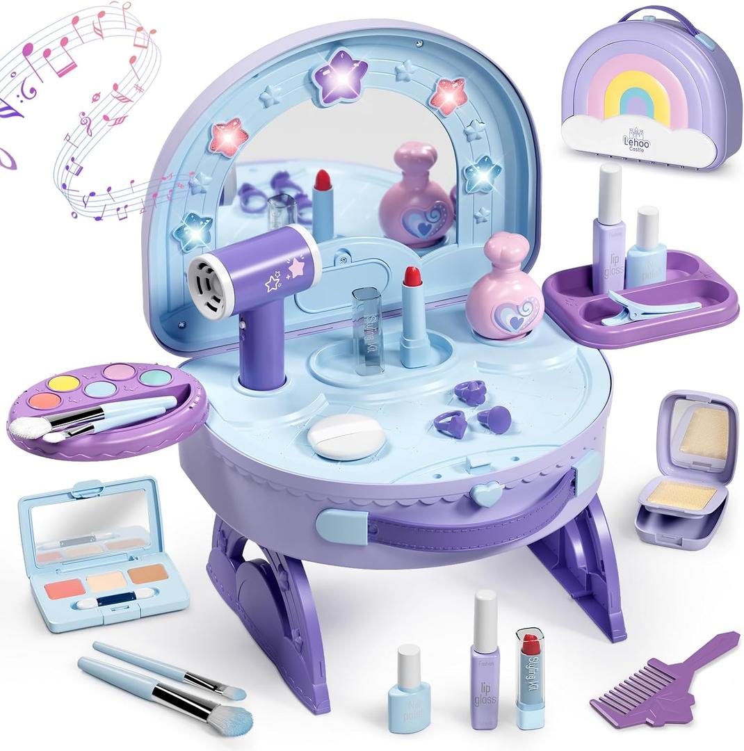 Lehoo Castle Toddler Vanity with Makeup Set, Portable Makeup Vanity for Girls with Lights Music Electric Hairdryer, Pretend Play Princess Toys for Dress Up, Birthday Gifts for 3 4 5 Years Old Girls