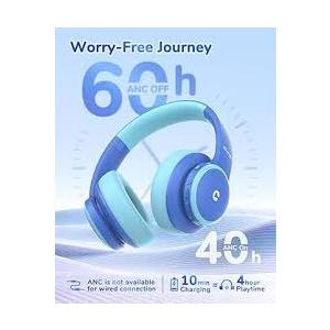 iClever BTH26 Active Noise Cancelling Headphones for Kids, 60H Play Time, Safe Volume 80dBA, Type C Fast Charging, Bluetooth5.4, Kids Bluetooth Headphones with Mic AUX Cord for iPad Airplane, Blue