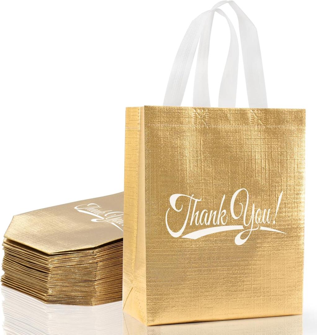 30 Pcs Thank You Gift Bags with Handles Bulk Reusable Thank You Return Gift Bags Nonwoven Foldable Bag for Business, Shopping, Wedding, Baby Shower, Graduations, Party Favors (Gold)