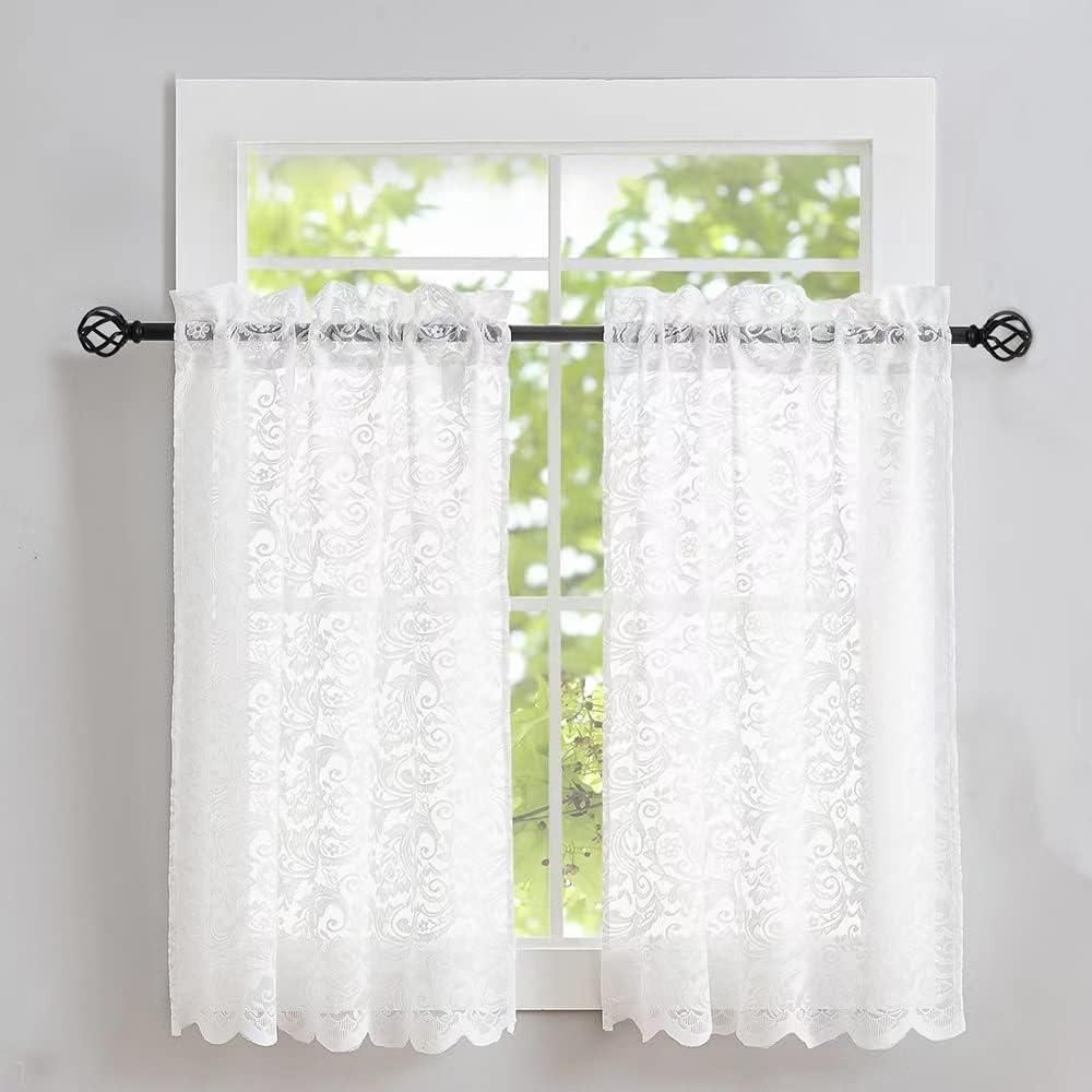 Lace Kitchen Curtains 36 inches Length 2 Panels - Retro White Kitchen Window Curtains over Sink Lace Curtains Short for Small Window Sheer for Bathroom Windows Cabinet Laundry Room Decor 26W x 36L