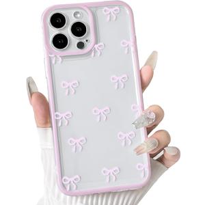 NITITOP Compatible with iPhone 12 Pro Max Case Cute Clear Durable Ribbon Bowknot Pattern for Girls Women Soft TPU Transparent Full Camera Lens Shockproof Protective Phone Cover - Pink