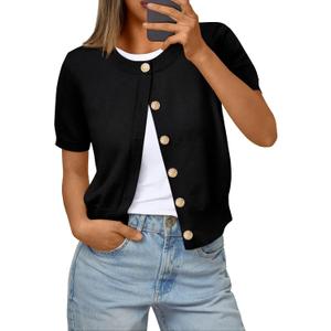 Trendy Queen Short Sleeve Cardigan Sweaters for Women Cropped Tops Summer 2026 Spring Outfits Cute Casual Y2k Fashion Clothes (Black, XL)