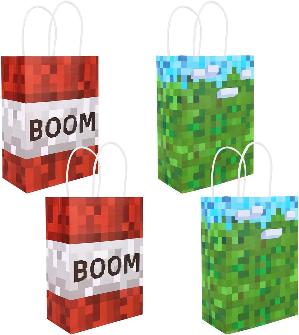 24pcs Pixel Party Favors Bags, Green & Red Video Game Theme Goodie Candy Snack Gift Goody Treat Bags with Handles for Kids Gamers Birthday Party Favors & Decorations Supplies