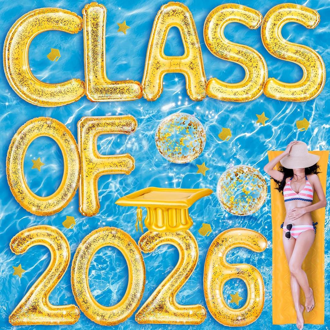 Sumind 14 Pcs Class of 2026 Pool Float Decorations, 30 x 40 in Extra Large Inflatable Letters, Glitter Prom Party Decor with Grad Cap & Ball for Grad Pool Party, Photo Props, Graduation Games (Gold)