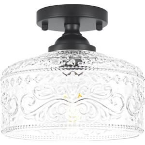 Small Semi Flush Mount Ceiling Light Fixture, Vintage Matte Black Close to Ceiling Lighting with Etched Glass Shade for Hallway, Kitchen, Entryway (Retro Design, Easy Install) (9.45in)