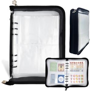 Sticker Organizer Binder Album - Reusable Sticker Storage Collecting Book With 40 Sheets of Pocket Page and A5 Size Zipper Closure Clear Cover (Black)