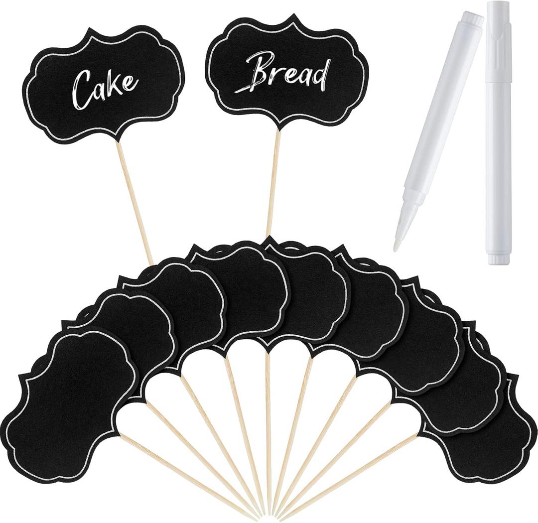 Chinco 100 Pcs Black Cheese Markers Charcuterie Board Labels Food Tags for Party Buffet Cake Cupcake Topper Sticks Cocktail Picks Toothpick Signs for Wedding Birthday Party Decor with Marker Pens