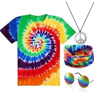 Norme 4 Pcs Kids Adult Hippie Costume Set Tie Dye T Shirt Peace Necklace Headband and Sunglasses for Boys Girls Men Women, XL